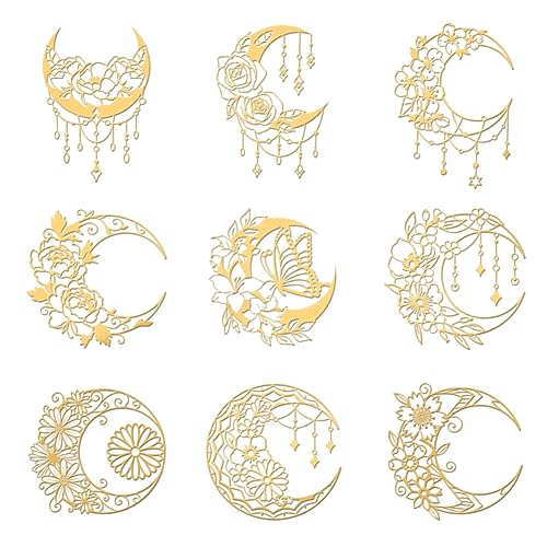 OLYCRAFT 9 Stück 4x4cm Mond Metallaufkleber Mit Schmetterlingsmuster Selbstklebende Goldene Aufkleber Mandala Blume Goldene Metallaufkleber Für DIY Kunstharz Basteln Telefon Wasserflasche Dekor von OLYCRAFT