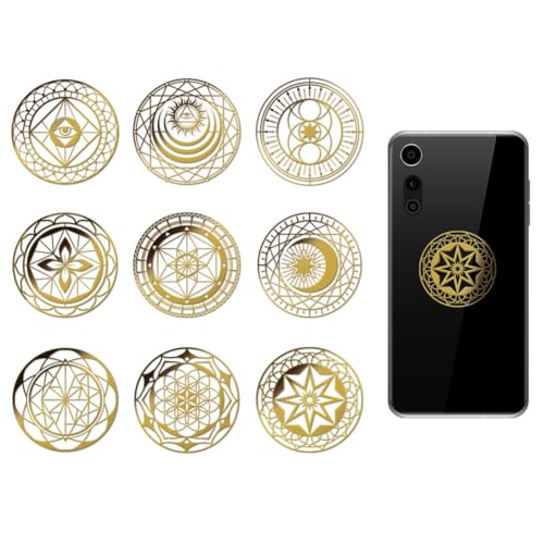 OLYCRAFT 9 Stück 4x4cm Mystische Symbole Metallaufkleber Sonne Und Mond Teufelsauge Selbstklebende Goldaufkleber Blume Des Lebens Metall Goldaufkleber Für Sammelalben Kunstharz Basteln Telefondekor von OLYCRAFT
