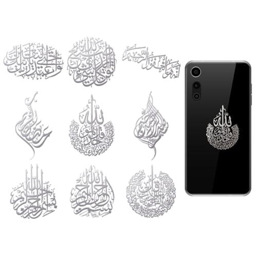 OLYCRAFT 9 Stück 4x4cm Silberne Metallaufkleber Islamische Schrift Metallaufkleber Selbstklebende Aufkleber Muslimische Kultur Epoxidaufkleber Metallaufkleber Für DIY Scrapbooks Epoxidharz Dekor von OLYCRAFT