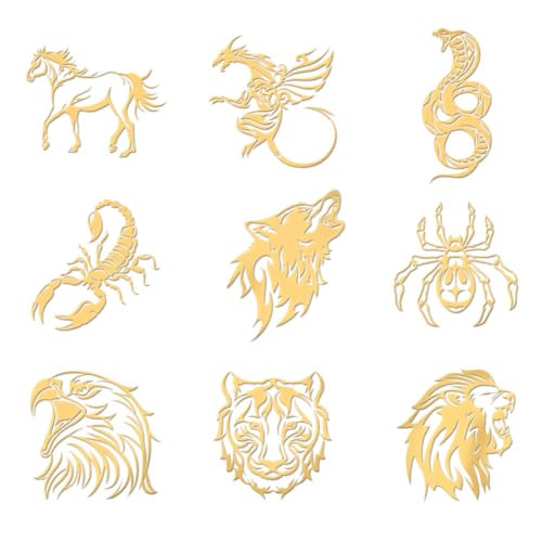 OLYCRAFT 9 Stück 4x4cm Tattoo Tiermuster Metallaufkleber Adler Tiger Selbstklebende Goldene Aufkleber Drache Schlange Metallgoldaufkleber Für Sammelalben DIY Harz Handwerk Wasserflasche Dekor von OLYCRAFT