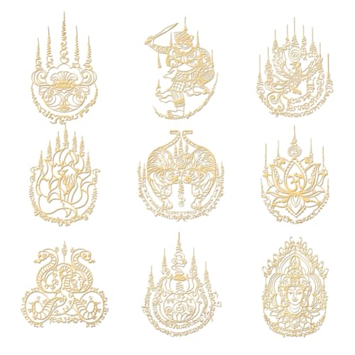 OLYCRAFT 9 Stück 4x4cm Thailändische Sak Yant Aufkleber Schriftaufkleber Selbstklebende Goldene Metallaufkleber Tiger Neunschwänziger Fuchs Metallaufkleber Für DIY Handwerk Telefondekor von OLYCRAFT