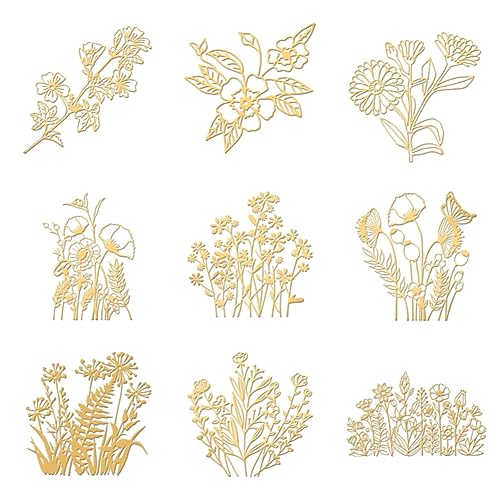 OLYCRAFT 9 Stück 4x4cm Wildblumen Aufkleber - Sonnenblume Selbstklebende Goldene Kirschblüten Metall Gold Für Sammelalben DIY Kunstharz Basteln Telefon Wasserflasche Dekor von OLYCRAFT