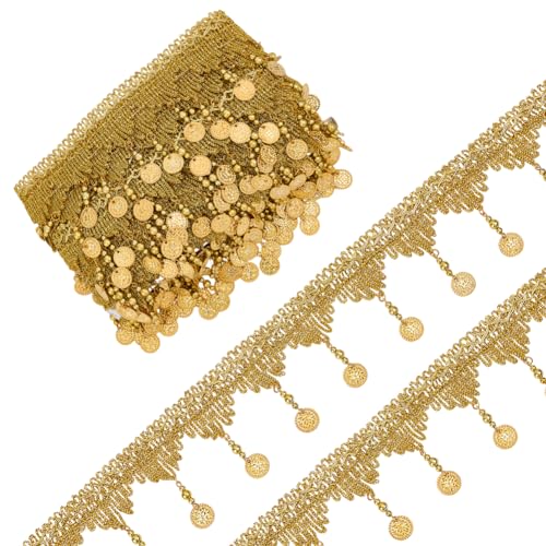 OLYCRAFT 9.1 m Pailletten Quastenbesatz Goldener Pailletten Quastenbesatz Münzförmige Anhängerquasten Mit Blumendesign Polyester Stoffbesatz Für Heimwerkerarbeiten Partydekorationen Tanzkostüme von OLYCRAFT