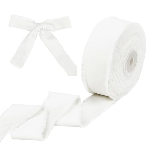 OLYCRAFT 9.1 m Weißes Samtband 38mm Breites Samtband Mit Fransen Rohkante Rustikales Hochzeitsband Flaches Seidensamtband Für Blumensträuße Geschenkverpackungen Hochzeitsdekor Basteln Haarschleifen von OLYCRAFT