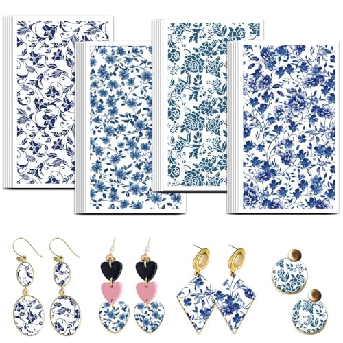 OLYCRAFT Damast Blumen Transferpapier 4 Design 24 Stück Transferpapier Für Vintage Blumen Polymer Ton Transferblätter Blaue Blumen Transferpapiere Kleine Keramik Aufkleber Für Ohrringe von OLYCRAFT