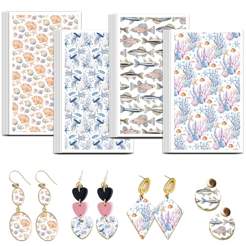 OLYCRAFT Ozean Ton Transferpapier 4 Design 24 Stück Transferpapier Für Polymer Muscheln Fische Polymer Ton Transferblätter Ozean Thema Kleines Transferpapier Für Ton Ohrringe Schmuckherstellung von OLYCRAFT