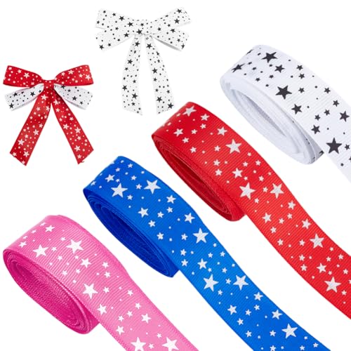 OLYCRAFT Ripsband Mit Sternen In 4 Farbe 25mm 4.5 m Bedrucktes Ripsband Blaues Durchgehendes Band Mit Weißen Sternen Zum Verpacken von Geschenken Kranzdekoration Haarschleifen Nähen Basteln von OLYCRAFT