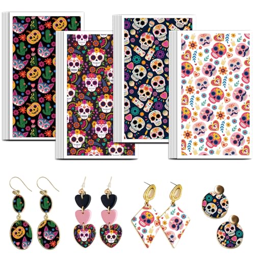OLYCRAFT Totenkopf Transferpapier 4 Design 24 Stück Transferpapier Für Halloween Polymer Ton Transferblätter Bonbon Knochen Transferpapier Kleine Keramik Aufkleber Für Ohrringe Schmuckherstellung von OLYCRAFT