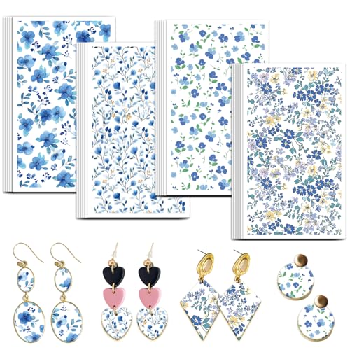 OLYCRAFT Transferpapier Für Ton Mit Blauen Blumen 4 Design 24 Stück Transferpapier Für Polymer Florale Transferblätter Für Polymer Ton Kleines Blumen Transferpapier Für Ton Schmuckherstellung von OLYCRAFT