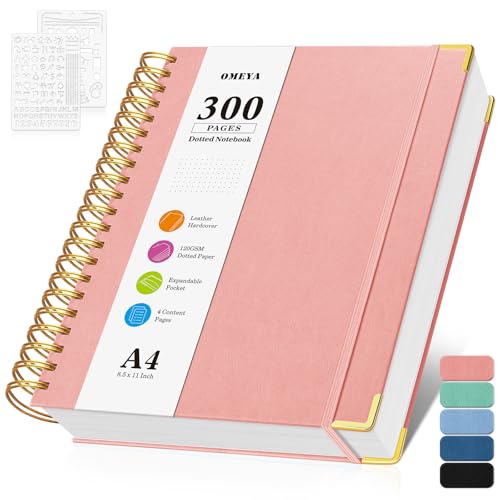 Notizblock, Notizbuch A4 Gepunktetes, Bullet Dotted Journal, Notizbücher mit 300 Seiten, 120GSM, Hardcover Leder spiralbindung Dot Journal für Frauen und Männer,Großes Notizbuch für Arbeit Büro Schule von OMEYA