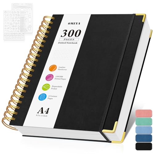 Notizblock, Notizbuch A4 Gepunktetes, Bullet Dotted Journal, Notizbücher mit 300 Seiten, 120GSM, Hardcover Leder spiralbindung Dot Journal für Frauen und Männer,Großes Notizbuch für Arbeit Büro Schule von OMEYA