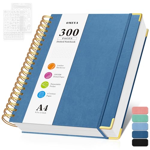 Notizblock, Notizbuch A4 Gepunktetes, Bullet Dotted Journal, Notizbücher mit 300 Seiten, 120GSM, Hardcover Leder spiralbindung Dot Journal für Frauen und Männer,Großes Notizbuch für Arbeit Büro Schule von OMEYA