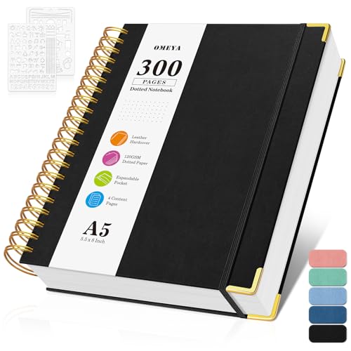 Notizblock, Notizbuch A5 Gepunktetes, Bullet Dotted Journal, Notizbücher mit 300 Seiten, 120GSM, Hardcover Leder spiralbindung Dot Journal für Frauen und Männer,Großes Notizbuch für Arbeit Büro Schule von OMEYA