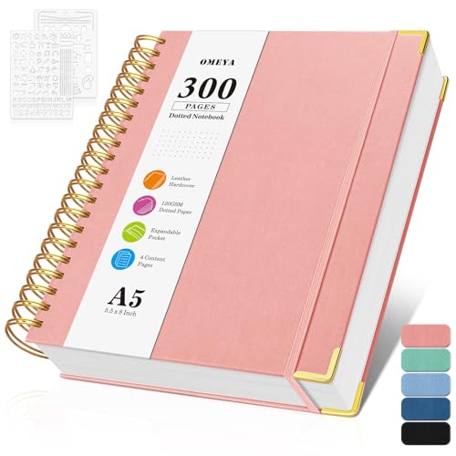 Notizblock, Notizbuch A5 Gepunktetes, Bullet Dotted Journal, Notizbücher mit 300 Seiten, 120GSM, Hardcover Leder spiralbindung Dot Journal für Frauen und Männer,Großes Notizbuch für Arbeit Büro Schule von OMEYA