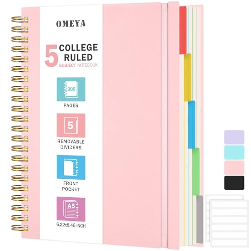 Notizblock, Notizbuch A5 Liniert, Notizbücher Mit 5 Fächern Und Herausnehmbaren Trennblättern, 300 Blatt 100GSM Spiral Notizbuch Softcover Zum Schreiben, Für Arbeit Und Schulbedarf, 15.8 x 21.5cm,Rosa Notizblock, Notizbuch A5 Liniert, Notizbücher Mit 5 Fächern Und Herausnehmbaren Trennblättern, 300 Blatt 100GSM Spiral Notizbuch Softcover Zum Schreiben, Für Arbeit Und Schulbedarf, 15.8 x 21.5cm,Rosa von OMEYA