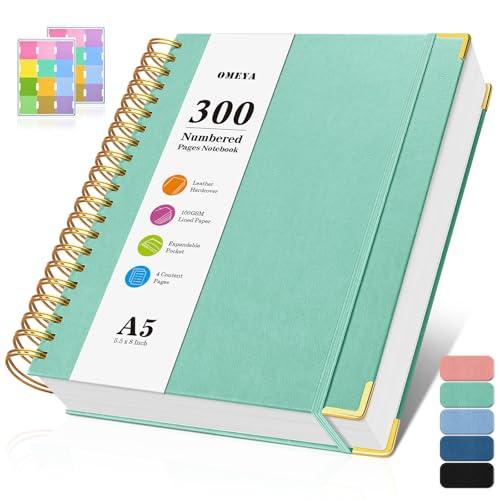 Notizblock, Notizbuch A5 Liniert, Notizbücher mit 300 Nummerierten Seiten, 100GSM Dickes Notizheft, Hardcover Leder spiralbindung Journal für Frauen und Männer, Großes Notizbuch für Arbeit Büro Schule von OMEYA