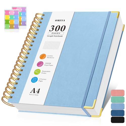 Notizblock A4 Kariert, Spiralblock Notizbuch mit 300 Seiten, 100GSMblock kariert, Hardcover Leder Spiralbindung Notebook für Frauen und Männer,Großes Notizbücher für Arbeit Büro Schule, 21.5 x 27.9cm von OMEYA