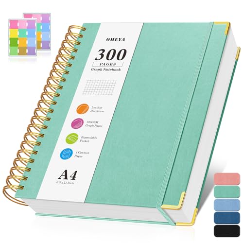 Notizblock A4 Kariert, Spiralblock Notizbuch mit 300 Seiten, 100GSMblock kariert, Hardcover Leder Spiralbindung Notebook für Frauen und Männer,Großes Notizbücher für Arbeit Büro Schule, 21.5 x 27.9cm von OMEYA