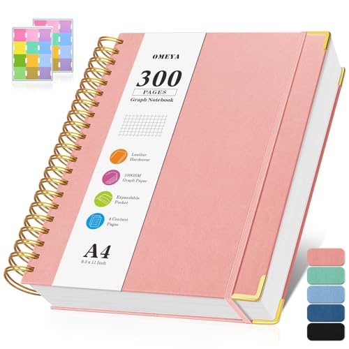 Notizblock A4 Kariert, Spiralblock Notizbuch mit 300 Seiten, 100GSMblock kariert, Hardcover Leder Spiralbindung Notebook für Frauen und Männer,Großes Notizbücher für Arbeit Büro Schule, 21.5 x 27.9cm von OMEYA