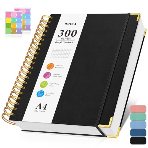 Notizblock A4 Kariert, Spiralblock Notizbuch mit 300 Seiten, 100GSMblock kariert, Hardcover Leder Spiralbindung Notebook für Frauen und Männer,Großes Notizbücher für Arbeit Büro Schule, 21.5 x 27.9cm von OMEYA