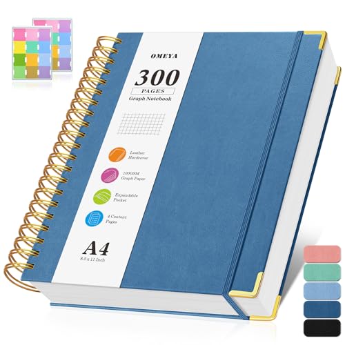 Notizblock A4 Kariert, Spiralblock Notizbuch mit 300 Seiten, 100GSMblock kariert, Hardcover Leder Spiralbindung Notebook für Frauen und Männer,Großes Notizbücher für Arbeit Büro Schule, 21.5 x 27.9cm von OMEYA