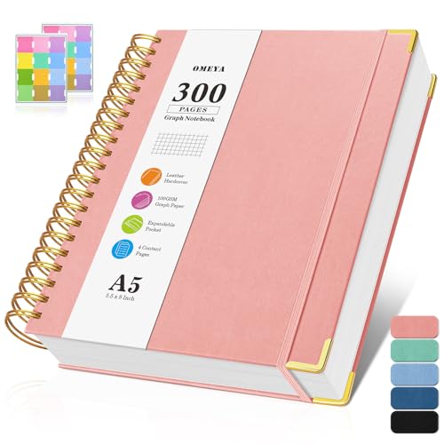 Notizblock A5 Kariert, Spiralblock Notizbuch mit 300 Seiten, 100GSMblock kariert, Hardcover Leder Spiralbindung Notebook für Frauen und Männer,Großes Notizbücher für Arbeit Büro Schule, 14 x 21cm von OMEYA