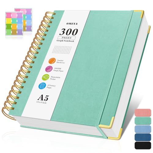 Notizblock A5 Kariert, Spiralblock Notizbuch mit 300 Seiten, 100GSMblock kariert, Hardcover Leder Spiralbindung Notebook für Frauen und Männer,Großes Notizbücher für Arbeit Büro Schule, 14 x 21cm von OMEYA
