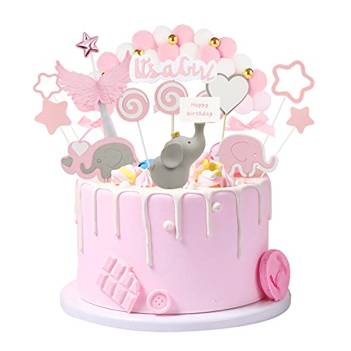 OMIGA 21 Stück Tortendeko Taufe Elefante Kuchen Zubehör für Mädchen Baby Rosa Bogenstern - Kindergeburtstag Babyparty (Rosa) von OMIGA