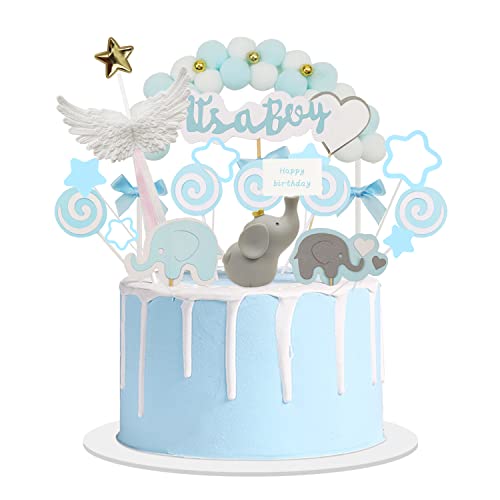 OMIGA 21 Stück Taufe Junge Elefant Kuchen Dekoration Luftballon Sterne Pearl Ball Crown Cake Auswahl Blau Tortendeko für Baby Shower Kindergeburtstag Babyparty (Blau) von OMIGA