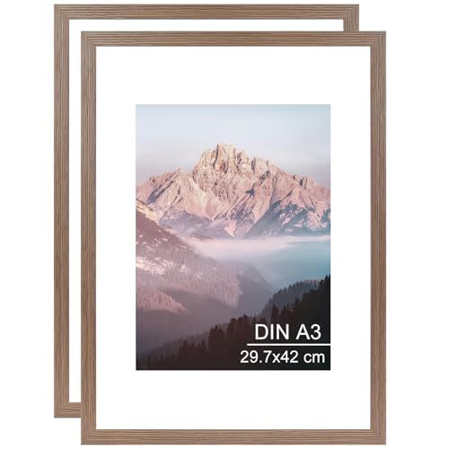 OMISHE 2er Pack Massivholz Bilderrahmen A3 29,7x42 cm, Rustikaler Brauner Bilderrahmen DIN A3 mit A4 Passepartout und Plastikhülle, Holz Rahmen für Wand, 2er Pack von OMISHE