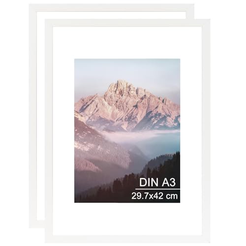 OMISHE 2er Pack Massivholz Bilderrahmen A3 29,7x42 cm, Weißer Bilderrahmen DIN A3 mit A4 Passepartout und Plastikhülle, Holz Rahmen für Wand, Weiß, 2er Pack von OMISHE