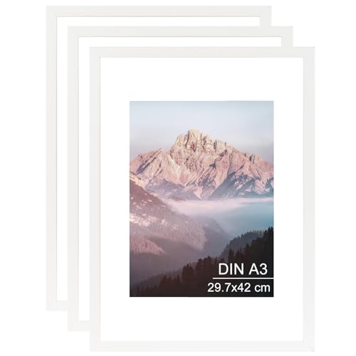 OMISHE 3er Pack Massivholz Bilderrahmen A3 29,7x42 cm, Weißer Bilderrahmen DIN A3 mit A4 Passepartout und Plastikhülle, Holz 29,7x42 cm Rahmen für Wand, Weiß, 3er Pack von OMISHE