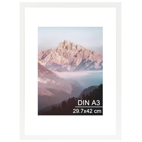 OMISHE Bilderrahmen A3 29,7x42 cm, Weißer Massivholz Bilderrahmen DIN A3 mit A4 Passepartout und Plastikhülle, Holz A3 Rahmen für Wand und Tisch, Weiß, 1 Pack von OMISHE