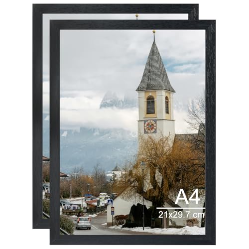 OMISHE Holz A4 Rahmen 21 x 29,7 cm, schwarzer A4-Bilderrahmen mit Plastikhülle, Holz-Bilderrahmen für Wandbehang oder Tischplatte, schwarz, 2 Stück OMISHE Holz A4 Rahmen 21 x 29,7 cm, schwarzer A4-Bilderrahmen mit Plastikhülle, Holz-Bilderrahmen für Wandbehang oder Tischplatte, schwarz, 2 Stück von OMISHE