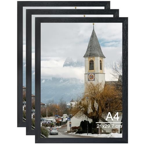 OMISHE Holz A4 Rahmen 21 x 29,7 cm, schwarzer A4-Bilderrahmen mit Plastikhülle, Holz-Bilderrahmen für Wandbehang oder Tischplatte, schwarz, 3 Stück von OMISHE