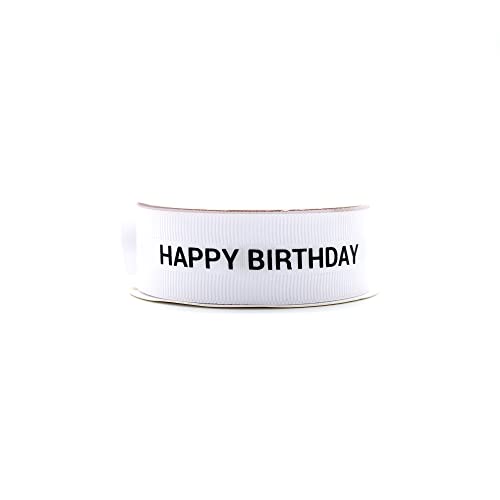 OMISS - Band Happy Birthday Weiß mit schwarzer Schrift aus Satin und grobkörniger Körnung – Breite 22 mm – ideal für Ihre Dekorationen und Geschenke (weiß) von OMISS