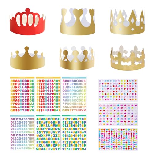 OMJMYY 18 Stück Papier Krone Partyhüte Kronen Basteln Kindergeburtstag Geburtstagskrone Papier mit 6 Alphanumerische Aufkleber und 3 Strasssticker Papier für Prinzessin Königin Prinz Geburtstagsparty von OMJMYY