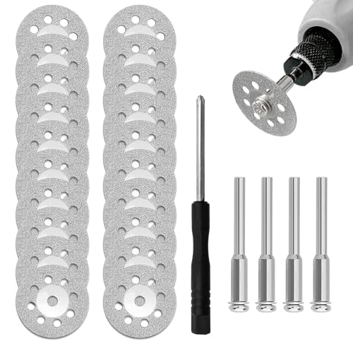 OMJMYY 20 Stück Diamanttrennscheibe 22mm Glas-Trennscheibe für Dremel Rotationswerkzeug Zubehör Diamantscheibe mit 4 Stück Dorn 1 Schraubenzieher Trennscheibe Schneiden für Stein Glas Fliese OMJMYY 20 Stück Diamanttrennscheibe 22mm Glas-Trennscheibe für Dremel Rotationswerkzeug Zubehör Diamantscheibe mit 4 Stück Dorn 1 Schraubenzieher Trennscheibe Schneiden für Stein Glas Fliese von OMJMYY