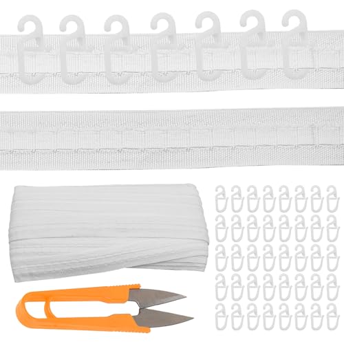 OMJMYY Weiß Gardinenband Kräuselband 30m x 3cm, Vorhangband Gardinenband zum Aufnähen mit 100 Stücke Vorhanghaken, Gardinen Kräuselband, Universalband für Vorhänge Türvorhänge Einrichtungsgegenständen von OMJMYY