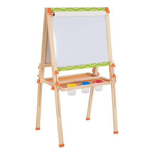 Kinder-Kunststaffelei – verstellbares Zeichenbrett aus Holz mit Papierrolle und Farbbechern – faltbares doppelseitiges Whiteboard und Kreidetafel für Kinder im Alter von 3–8 Jahren von OMOTIYA