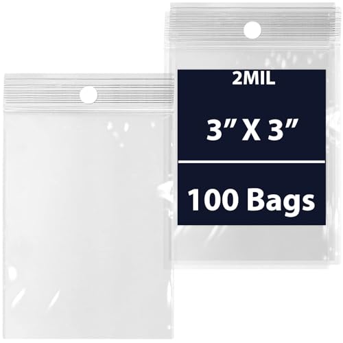 Wiederverschließbare Polybeutel mit Loch zum Aufhängen – 3x3 & (100 Beutel) 2 mm transparenter Kunststoff mit wiederverschließbarem Verschluss,langlebige Polybeutel, Lagerung, Verpackung und Versand von OMRANII