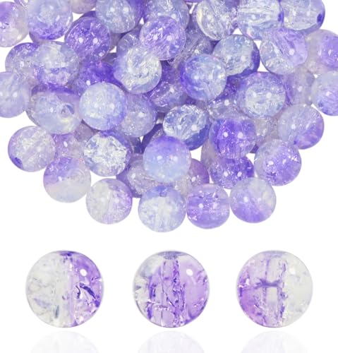 Craquelé-Glasperlen für Schmuckherstellung, runde Abstandshalter, Kristallperlen, Bastelbedarf für Halsketten, Armbänder, Ohrringe, 100 Stück (lila, transparent) von OMYZERO