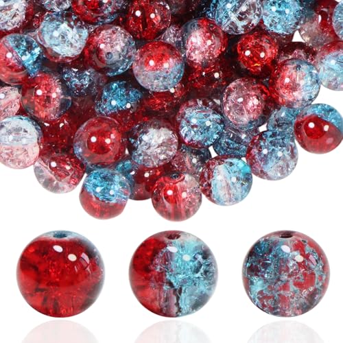 Craquelé-Glasperlen für Schmuckherstellung, runde Abstandshalter, Kristallperlen, Bastelbedarf für Halsketten, Armbänder, Ohrringe, Rot, Blau, Transparent, 100 Stück Craquelé-Glasperlen für Schmuckherstellung, runde Abstandshalter, Kristallperlen, Bastelbedarf für Halsketten, Armbänder, Ohrringe, Rot, Blau, Transparent, 100 Stück von OMYZERO