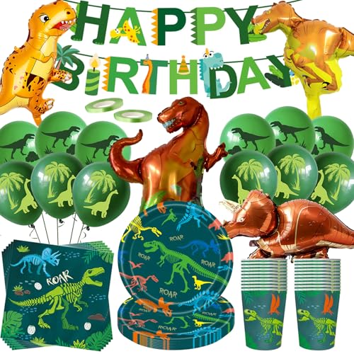 Dino Geburtstag Deko Set,80 Stück Dinosaurier Partygeschirr mit Große Dino Folienballon Partyzubehörset,Dinosaurier Pappteller Tassen Servietten banner Luftballon Jura Party Deko 20 Gäste von OMZSXK