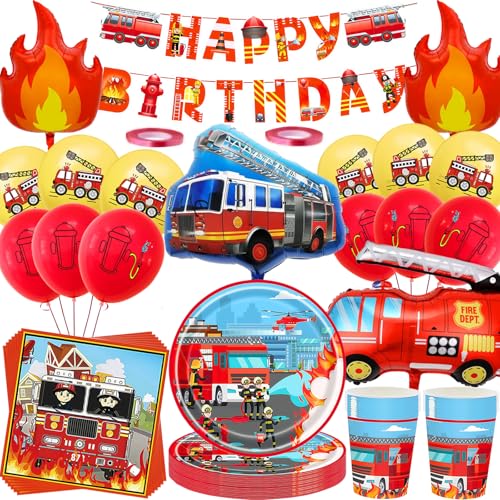 Feuerwehrauto Geburtstag Deko Set,80 Stück Feuerwehrmann Partygeschirr mit Große Folienballon Partyzubehörset,Feuerwehrmann Pappteller Tassen Servietten banner Luftballon Kinder Party Deko 20 Gäste von OMZSXK