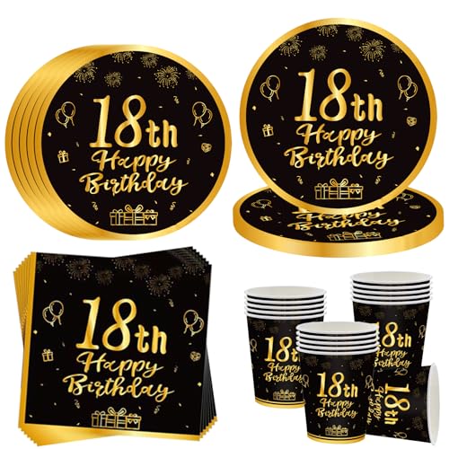OMZSXK 18. Geburtstag Partygeschirr für 16 Gäste,Schwarz Gold 18. Geburtstag Partyteller Geburtstag Geschirr,18. Geburtstag Pappteller Becher Servietten für Männer Frauen Happy Birthday Decor OMZSXK 18. Geburtstag Partygeschirr für 16 Gäste,Schwarz Gold 18. Geburtstag Partyteller Geburtstag Geschirr,18. Geburtstag Pappteller Becher Servietten für Männer Frauen Happy Birthday Decor von OMZSXK
