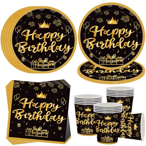 OMZSXK Schwarz Gold Partygeschirr für 16 Gäste,Happy Birthday Partyteller Party Geschirr Set,Geburtstagdeko Pappteller Becher Servietten,Männer Frauen Kinder Geburtstag Deko von OMZSXK