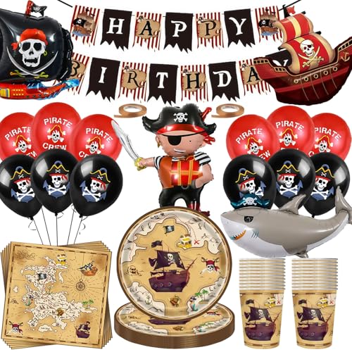 Piraten Geburtstag Deko Set,80 Stück pirat Partygeschirr mit Große Piratenschiff Folienballon Partyzubehörset,Pirate Pappteller Tassen Servietten banner Luftballon Piratenschiff Skelett Deko 20 Gäste von OMZSXK