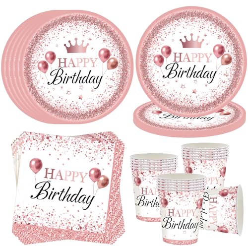 Roségold Partygeschirr für 16 Gäste,Happy Birthday Partyteller Party Geschirr Set,Rose Gold Geburtstagdeko Pappteller Becher Servietten,Männer Frauen Kinder Geburtstag Deko von OMZSXK