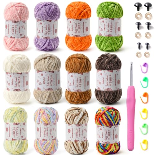 12 Stück Chenille-Garn – Babygarn zum Häkeln, weich – Rot, Lila, Grün, Rosa, Grau, Blau, Schwarz, Weiß, Samt-Garne, Häkeldecke, Amigurumi-Garne Packung mit Häkelzubehör G 12 Stück Chenille-Garn – Babygarn zum Häkeln, weich – Rot, Lila, Grün, Rosa, Grau, Blau, Schwarz, Weiß, Samt-Garne, Häkeldecke, Amigurumi-Garne Packung mit Häkelzubehör G von OMoiut